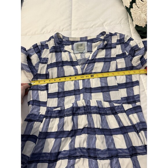 Anthropologie Maeve Devery Blue Plaid Tie Shirt Dress Large Windowpane Pockets - Picture 7 of 8